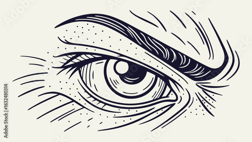 Detailed monochrome drawing of a human eye with eyebrow and surrounding skin texture illustration