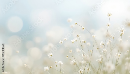 Soft, Airy, and Ethereal View of a Wildflower Field on a Breezy Day with Bokeh Lights Shining Through