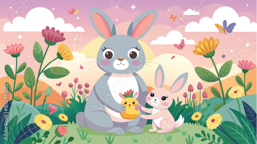 Adorable cartoon illustration of a large grey bunny and a small pink bunny holding a yellow chick in a vibrant spring garden filled with colorful flowers and butterflies under a pastel sky