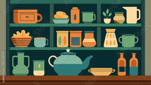 A kitchen with open shelving displaying a collection of handmade ceramics mugs and vintage glassware.