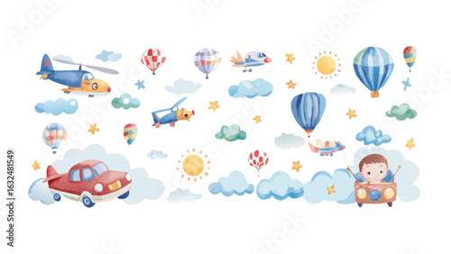 Watercolor illustration of various flying objects including balloons and planes with clouds and stars