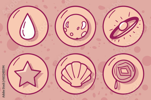 Set of high quality icons Six Circular Icons Featuring Simple Line Drawings of Celestial Bodies and Nature Elements circle line art