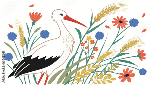 Illustration of a stork standing among wheat, cornflowers, and small red and yellow flowers outdoors