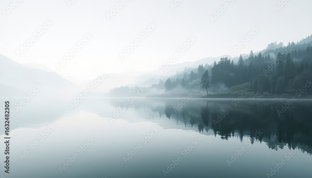 Fototapeta premium Tranquil mirrored lake reflecting forest trees and distant mountains shrouded in mist, creating an ethereal and calming scenic view
