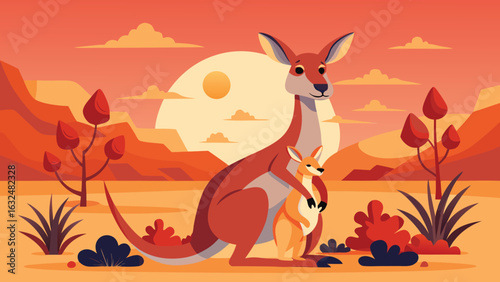A stylized illustration depicts a mother kangaroo with a joey in her pouch, set against a vibrant orange and red Australian outback landscape with unique flora and a large, setting sun.