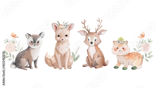Watercolor illustration of a fox, deer, and other cute animals with floral accents in a row