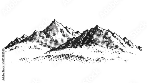 Halftone mountain range illustration with snowy peaks against a white background landscape view