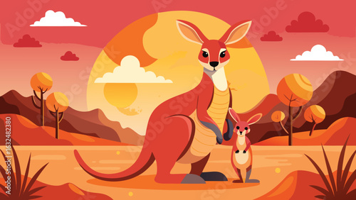 A stylized illustration captures a mother kangaroo and her joey in the Australian outback. They stand against a backdrop of rolling hills, a large sun, and scattered trees under a warm, colorful sky.