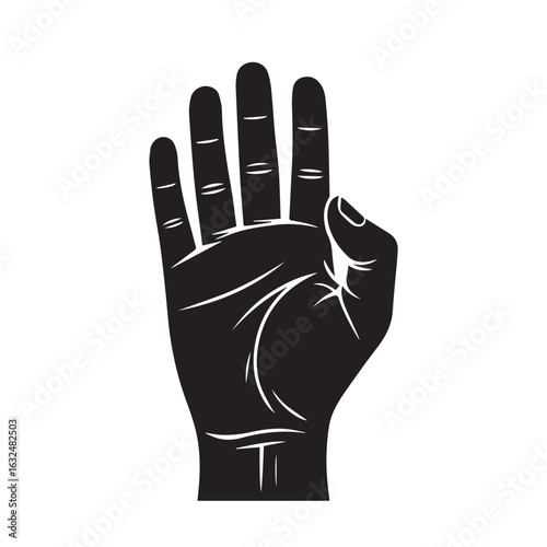 Vector art of black silhouette of a human hand showing four fingers raised, isolated on white background