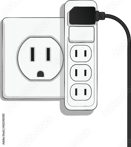 US Electrical Wall Outlet with Power Strip Plugged In - Multi-Socket Extension Cord Illustration