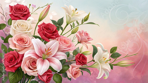 Soft pastel arrangement of roses, lilies in pink and white with delicate foliage on blended pink-blue gradient.