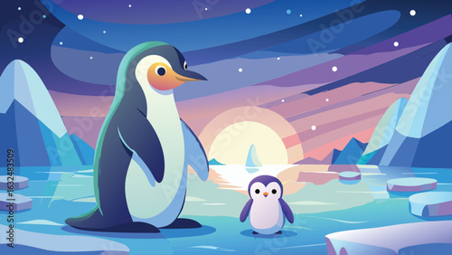Adorable cartoon illustration of a mother penguin and her chick standing together on an icy landscape under a starry sky with a glowing sunset