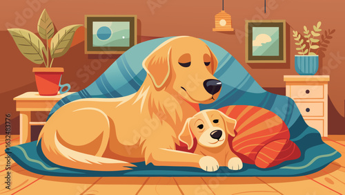 Cozy golden retriever and puppy relaxing together on a blue blanket indoors with warm lighting and home decor