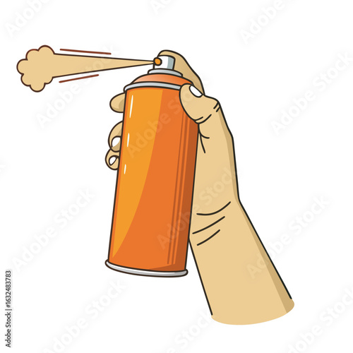 Hand holding orange spray can spraying brown mist vector