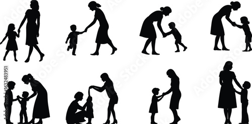 Silhouettes of mothers with children, loving family moments, parenting and nurturing clipart, mothers teaching kids, holding hands, caring mother-child interactions, family bonding illustrations