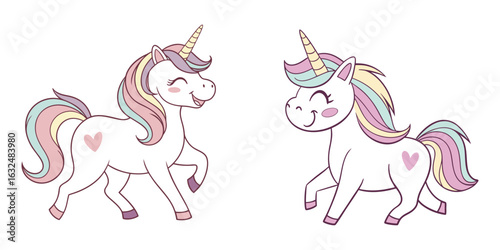 Cute Cartoon Unicorns with Heart-Shaped Markings