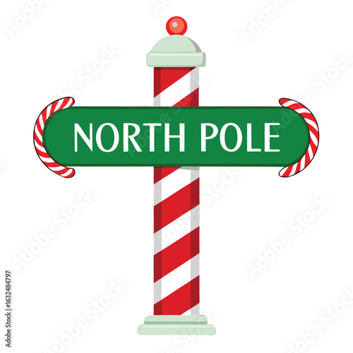 Festive vector illustration of a north pole sign post with candy cane accents for christmas