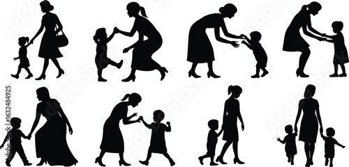 Mother and child silhouette set, family vector illustration, parent and kid walking and playing, loving bond clipart, motherhood, parenting, family love design