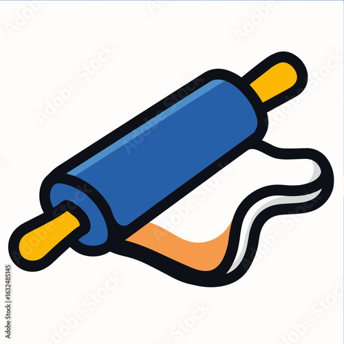 A blue rolling pin with yellow handles is in motion flattening dough, shown by wavy white and orange lines,