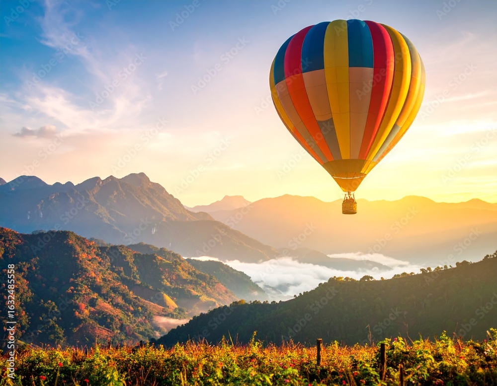 Naklejka premium Colorful Hot Air Balloon Drifting Above Fall Mountains at Dawn