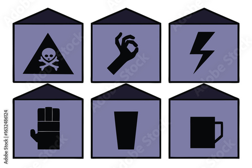 Set of high quality icons Six dark blue silhouette icons within light purple square frames with dark blue roofs symbol graphic