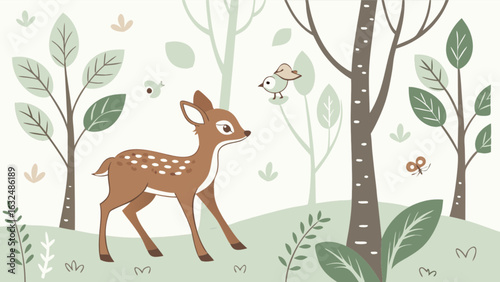 Illustration of a fawn in a forest with trees, a bird, and a butterfly on a light green background
