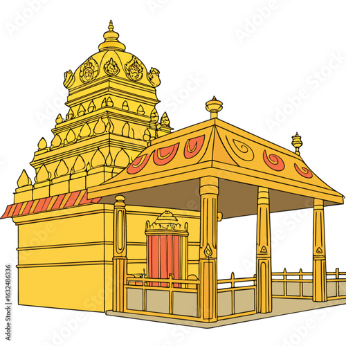 Illustration of a golden temple with detailed architecture and a small pavilion on the side view art