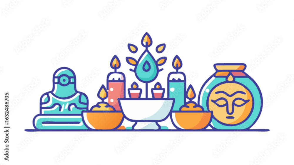 Obraz premium Illustration of a buddha statue with candles and a jar with a face in a flat style design