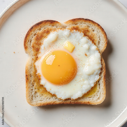 Egg in Toast: A close-up shot showcases a perfectly cooked sunny-side-up egg nestled within a slice of toasted bread, a small pat of butter completing the appetizing picture