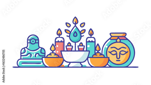 Illustration of a buddha statue with candles and a jar with a face in a flat style design