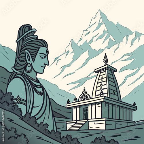 Illustration of a hindu deity statue with a temple and mountain range in the background art style