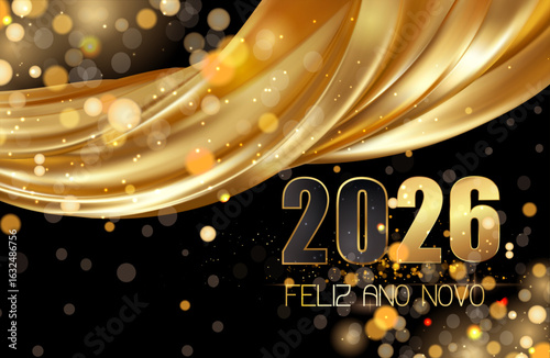 cartão ou banner para desejar um feliz ano novo 2026 em dourado com cortina de tecido dourado sobre fundo preto com círculos dourados em efeito bokeh