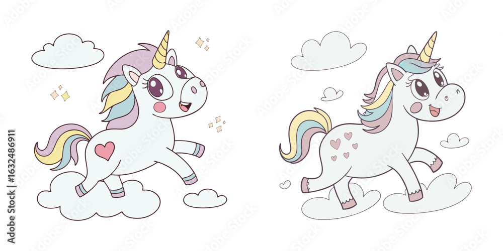Obraz premium Cute Cartoon Unicorns with Rainbow Mane and Clouds