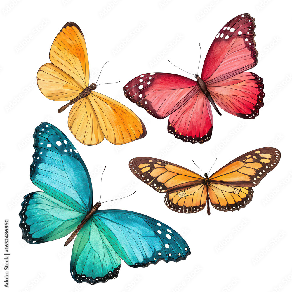 Obraz premium Set of butterflies isolated on white background png butterfly collection png colorful wings png natural beauty png artistic insect display png vivid patterns png elegant butterfly assortment png