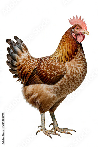 Majestic Rooster: A proud rooster, with a vibrant and detailed plumage, stands regally in a studio environment, showcasing the beauty and strength of this farmyard icon. 