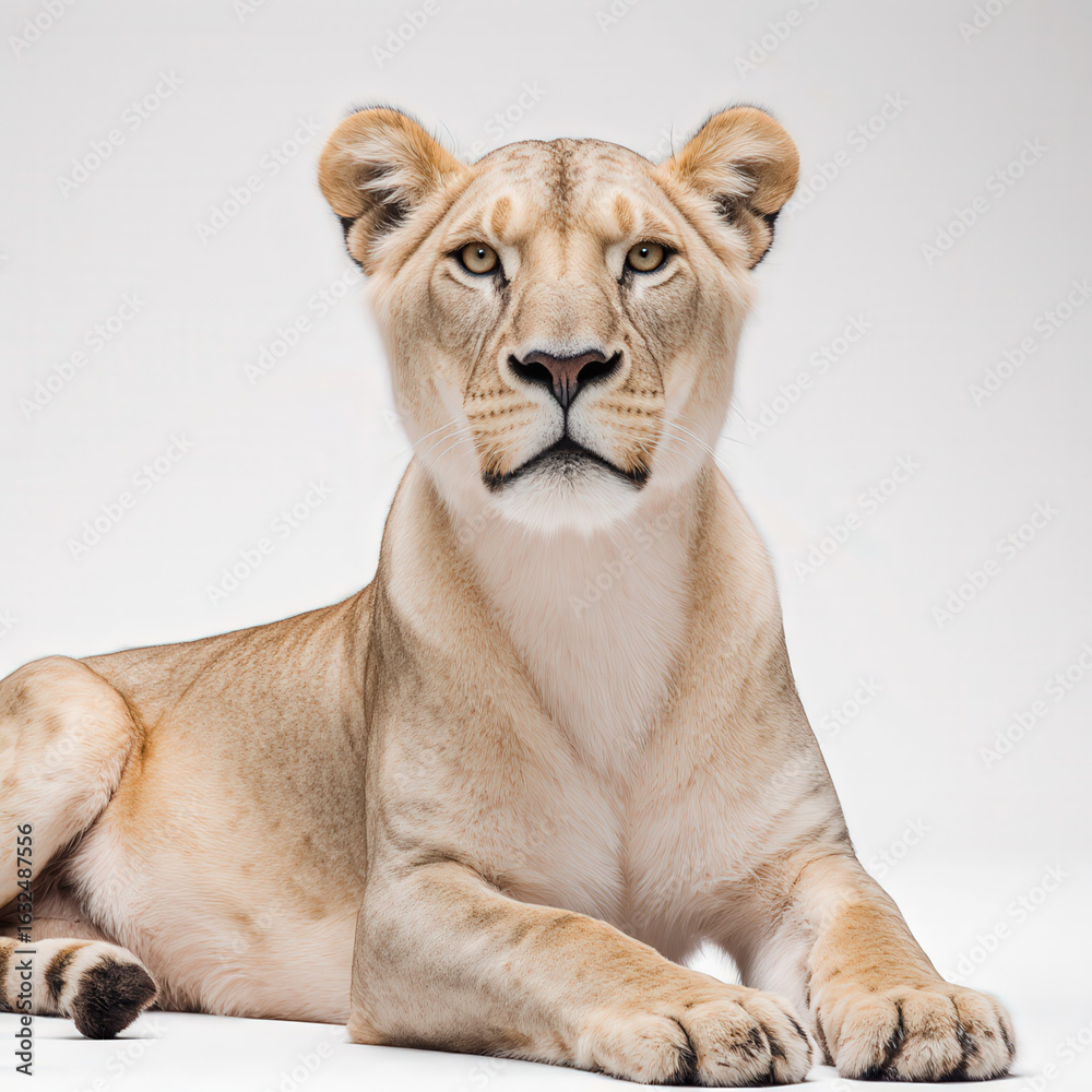 Obraz premium Regal Lioness: A majestic lioness, her gaze direct and unwavering, rests gracefully, embodying the power and serenity of the wild.