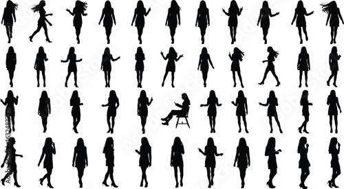 Human silhouette pose set featuring walking, standing, gesturing figures, black person icons grid, isolated vector, body posture illustration