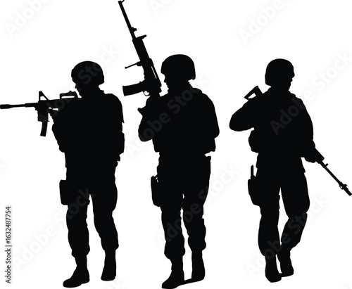 Soldier silhouette vector, military men with guns, army team black shape, combat force pose, weapon outline illustration, war troops standing armed