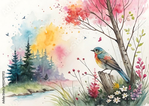 A vibrant watercolor painting showcasing a colorful bird perched on a tree stump amidst a lush forest landscape, with a flowing stream and blooming flowers