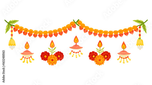 Festive decoration with marigold garland, diyas and floral arrangements for diwali celebration decor