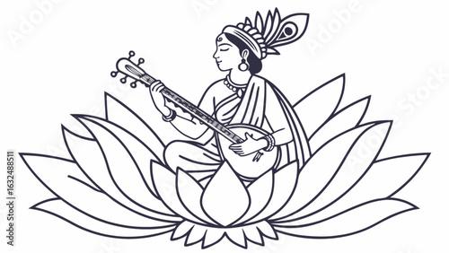 Illustration of a woman playing a stringed instrument while sitting on a lotus flower design art