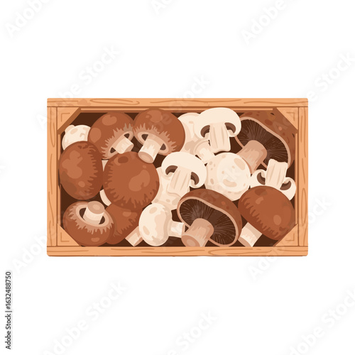 A wooden crate overflowing with a variety of fresh, whole mushrooms, including brown cremini and white button varieties, ready for culinary use.