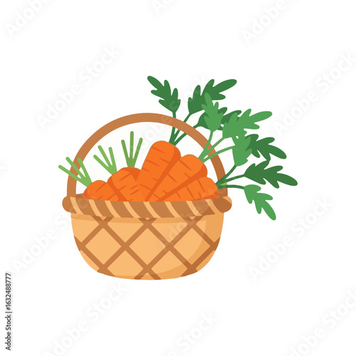 A cartoon illustration of a wicker basket overflowing with fresh carrots and green leafy tops.
