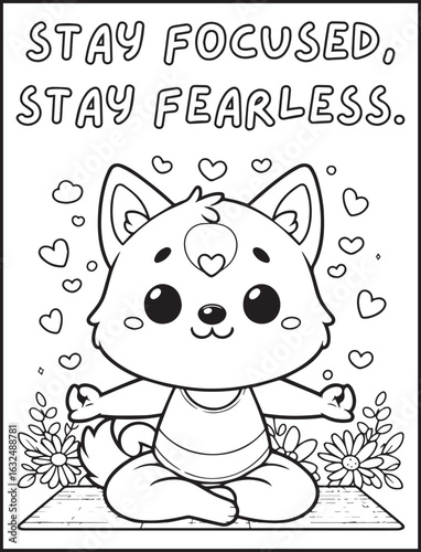 Animal-themed coloring page for kids and adults: Motivational quote to color: Cute fox doing yoga