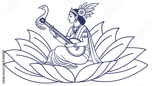 Illustration of a woman playing a stringed instrument while sitting on a lotus flower design art