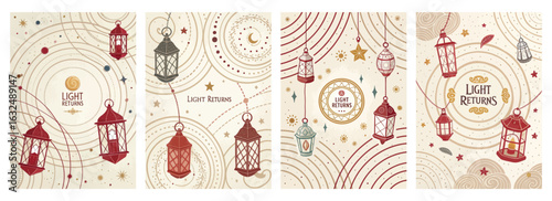 Set of four posters featuring ornate lantern designs with swirling patterns and celestial motifs