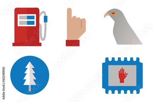 Set of high quality icons Six flat design icons on a white background including a gas pump and a bird symbol graphic