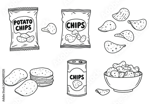 Handdrawn potato chips isolated on white background a collection of snack illustrations for foodrelated art and design projects