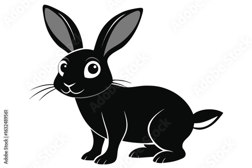 A stylized black rabbit with grey inner ears stands calmly on a white background