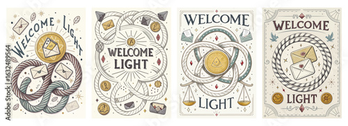 Set of four posters featuring Welcome Light designs with envelopes, scales, coins, and mystical motifs